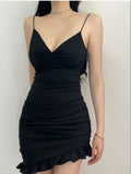 Flirty Ruffle Hemline Black Ruched Dress