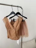 V Neck Sheer Mesh Sleeveless Top Ruched Skirt