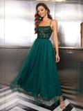 Celestial Gleam Green Sequined Tulle Gown Dress