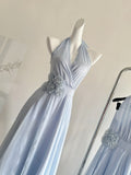 Elegant Light Blue Halter Neck Chiffon Midi Dress