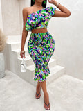 Colorful One-Shoulder Ruffled Midi Dress