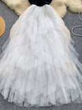 Strapless Black and White Layered Tulle Skirt Maxi Dress