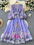 Adjustable Waist Puff Sleeves Lavender Wrap Dress