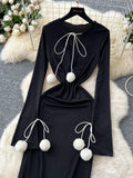 Pom - Pom Ties Long Sleeves Black Maxi Dress