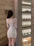 French retro openwork long sleeve slim lace dress