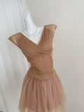 V Neck Sheer Mesh Sleeveless Top Ruched Skirt