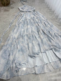 Blue Rose Print Handmade Twisted Rope Waist-revealing Long Dress