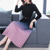 Gradient Pleated Skirt Long-Sleeve Ribbed Dress