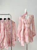 Flowing Bell Sleeves Ethereal Pink Silk Wrap Dress