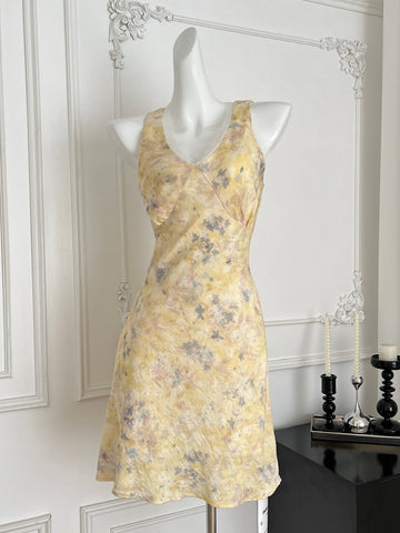V Neck Yellow Floral Print Midi Dress