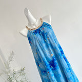 Embroidered Floral Patterns Blue Halter Neck Maxi Dress