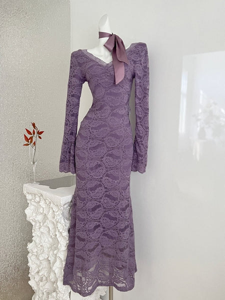 Vintage-Inspired Dusty Purple Lace Maxi Dress