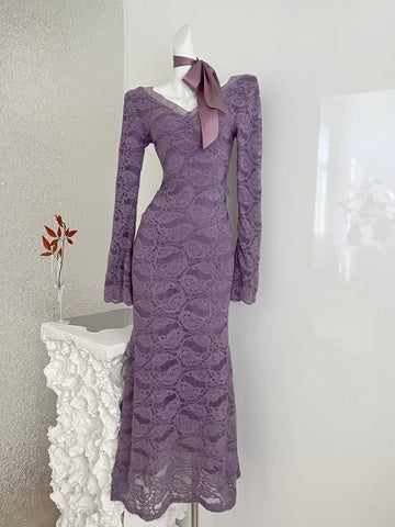 Vintage-Inspired Dusty Purple Lace Maxi Dress