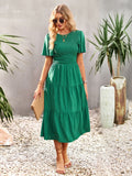 Blue Green Puff Sleeve Smocked Ruffle Tiered A Line Midi Dress