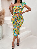 Colorful One-Shoulder Ruffled Midi Dress