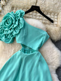 Floral Embellishment Flared Skirt Pink One-Shoulder Dress