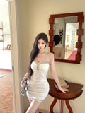 Celebrity temperament hanging neck diamond pleated hip dress
