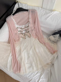 Delicate Pink Lace Trimmed Bolero Floral Dress