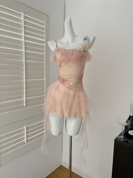 Tulle Layers Pink Tie Dye Strappy Mini Dress