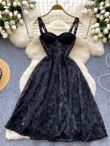 Structured Bodice Flare Skirt Black Lace Dress