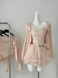 Cardigan Bow-Embellished Top Layered Tulle Skirt Pink Set