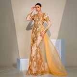 Long-Sleeve Gold Embroidery Tulle Prom Dress