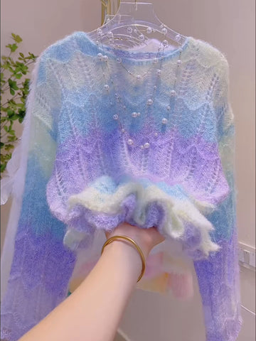 Wave-Knit Pastel Ombre Sweater