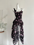 Ruffled Asymmetric Black Floral Print Dress