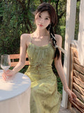 Spaghetti Strap Leaf Print Ruched Maxi A-Line Dress