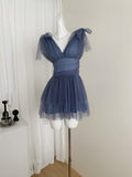 V NecK Navy Blue Mesh Mini Dress