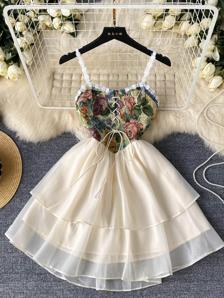 Floral Bodice Lace-Up Layered Tulle Dress