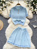 Button-Up Pleated Skirt Top Pink Two-Piece Knit Set