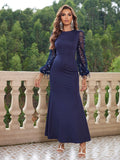 Navy Beaded Sleeve Evening Dress