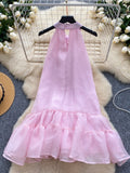 Ruffled Hem Pink Bow Tie Mini Dress