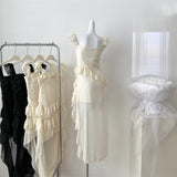 Champagne Asymmetrical Hem Floral Ruffle Dress