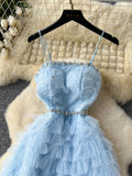 Ruffled Layers Spaghetti Straps Light Blue Tulle Dress
