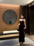French temperament hanging neck backless velvet slim dress