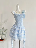 Ruffled Lace Layers Light Blue Butterfly Print Mini Dress