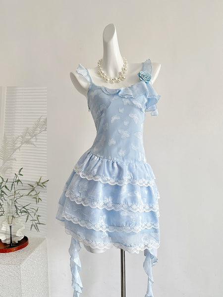Ruffled Lace Layers Light Blue Butterfly Print Mini Dress