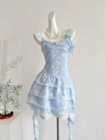 Ruffled Lace Layers Light Blue Butterfly Print Mini Dress