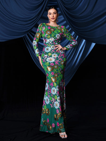 Long Sleeves Floral Trumpet Mermaid Prom Dress