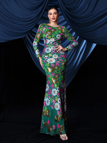 Long Sleeves Floral Trumpet Mermaid Prom Dress