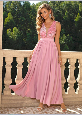 Blush Sequined Bodice Chiffon Dress