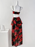 Blossoms Chiffon Red Floral Maxi Dress