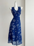 Astrological Motif Prints Navy Blue Midi Dress