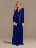 Navy V Neck Long Sleeve Waist Guest Prom Dress