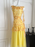 Yellow Floral Print Asymmetric Ruffled Dress