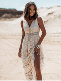 V-Neck Tasseled Lace Ankle-Length Dress