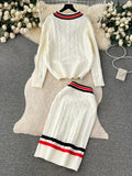 Bold Stripes Cable-Knit Sweater Skirt Set