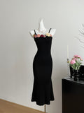 Floral Embellishments Flared Hem Black Dress